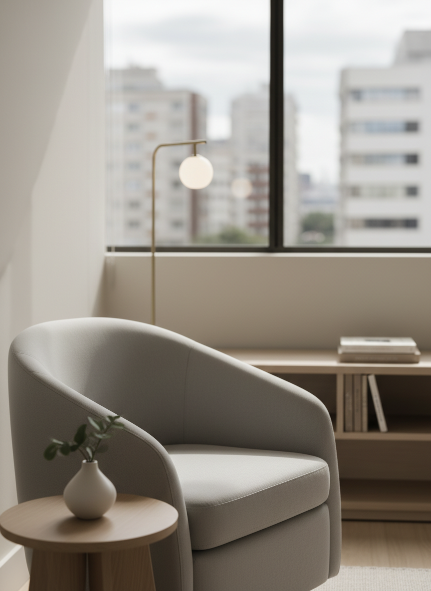 Uma sala de atendimento psicológico contemporânea, sem pessoas, com uma poltrona de tecido cinza-claro de linhas suaves em primeiro plano e, à frente, uma mesa lateral de madeira clara com um vaso de cerâmica branca e uma pequena planta verde. Ao fundo, estante baixa com poucos livros neutros e um abajur minimalista. A luz natural suave entra por uma grande janela lateral com vista desfocada de Porto Alegre, criando sombras delicadas e atmosfera acolhedora. Composição em nível dos olhos, foco nítido na poltrona, fundo levemente desfocado, estilo fotográfico realista, cores calmas em tons de bege, cinza e verde suave, transmitindo acolhimento, profissionalismo e confiança em saúde mental.