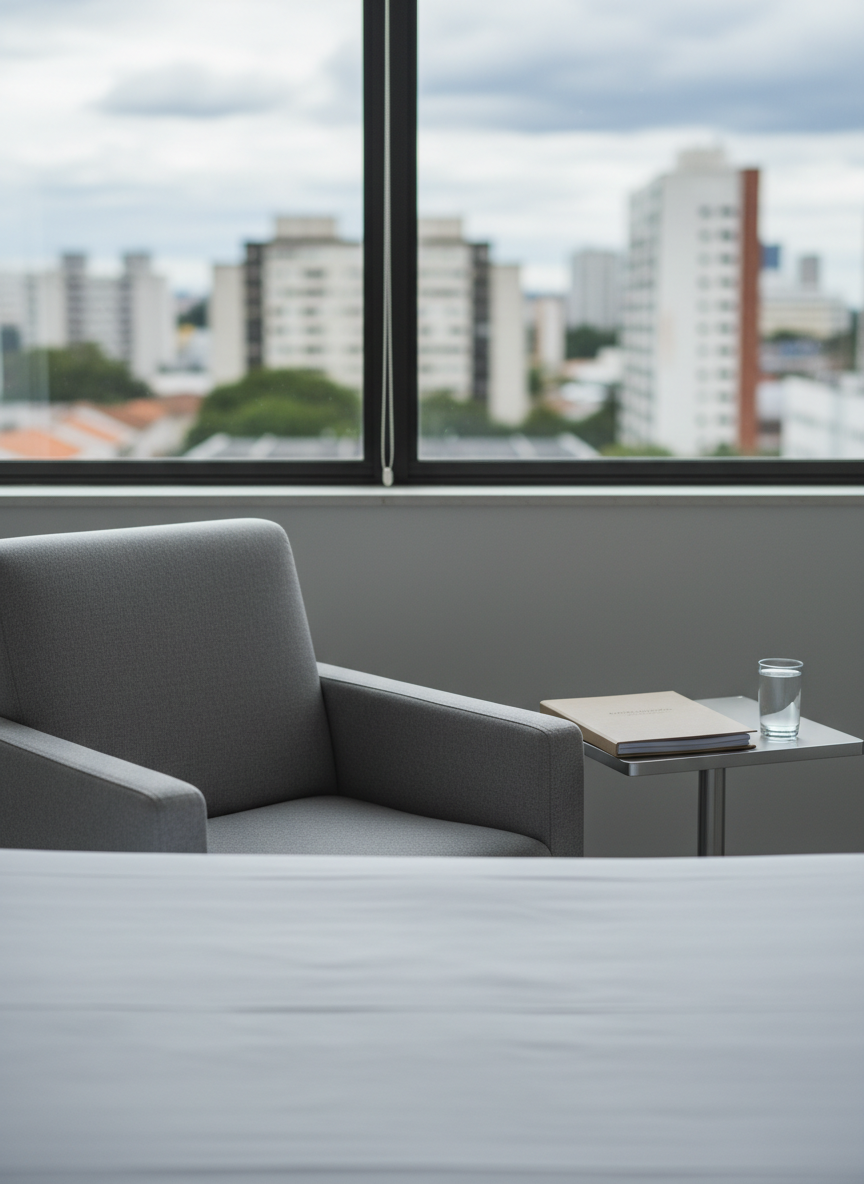 Uma sala de atendimento psicológico hospitalar representada por uma cadeira confortável de tecido cinza ao lado de uma cama hospitalar vazia, com lençóis perfeitamente esticados, sem pacientes visíveis. Uma mesa auxiliar de metal discreto sustenta uma pasta neutra fechada e um copo de água. Ao fundo, janela com vista desfocada de prédios de Porto Alegre sob céu nublado, trazendo contexto urbano. A luz é suave e difusa, típica de hospital, criando atmosfera calma e séria. Composição em leve ângulo diagonal, foco nítido na cadeira e na cama, estilo fotográfico realista, transmitindo ética, respeito à intimidade e suporte emocional em ambiente hospitalar.