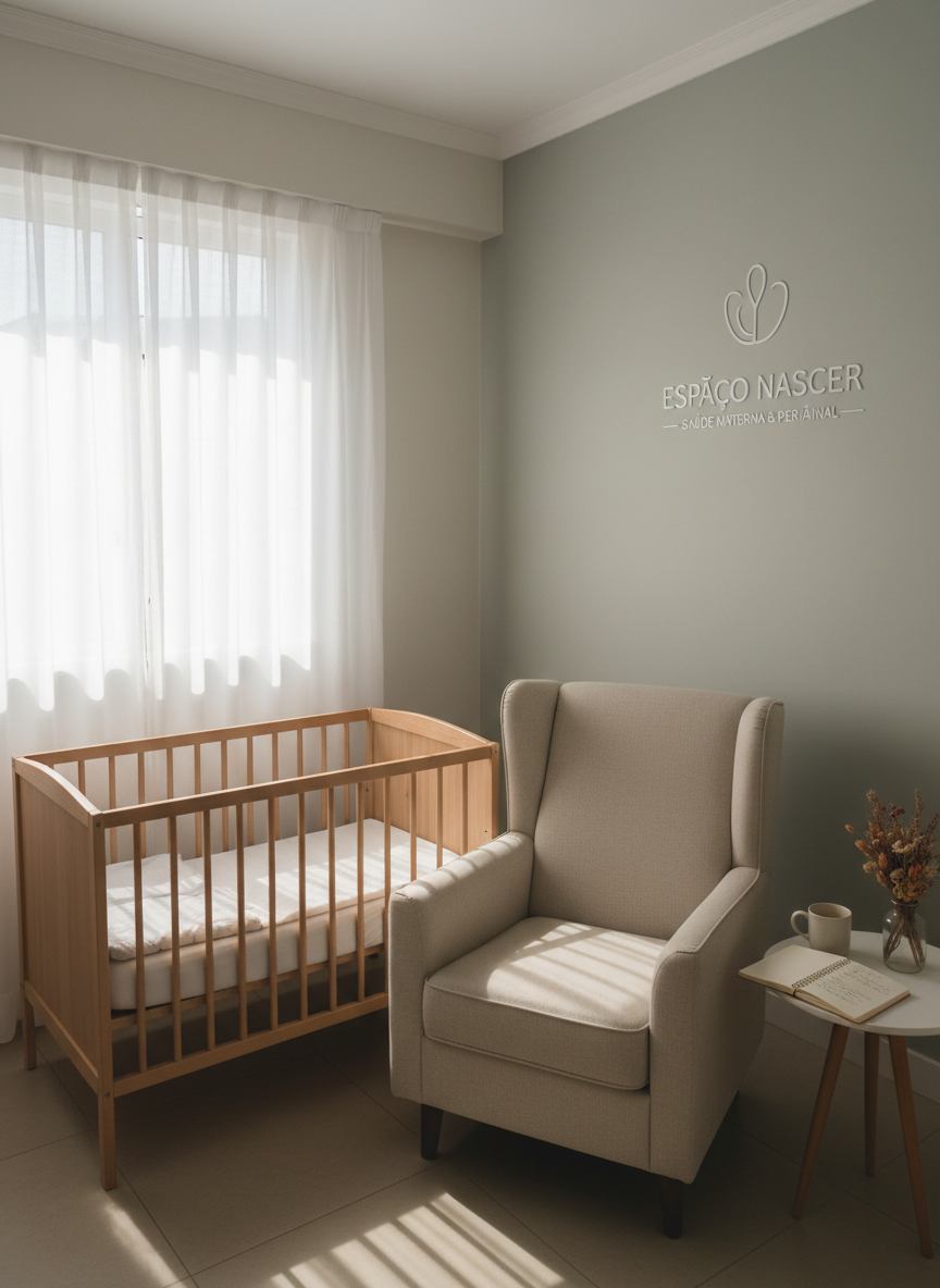 Um ambiente delicado focado em psicologia perinatal, sem pessoas, com uma poltrona de amamentação estofada em bege-claro ao lado de um berço minimalista de madeira natural, vazio, com enxoval branco e cinza. Sobre uma mesa lateral, repousam um caderno de anotações, uma caneca de porcelana clara e um pequeno arranjo de flores secas. A luz da manhã entra suavemente por uma janela com cortinas translúcidas, criando sombras muito suaves e sensação de calma. Composição em nível dos olhos, estilo fotográfico realista, cores em tons pastéis e neutros, evocando cuidado, acolhimento emocional e apoio à saúde mental de gestantes e puérperas em Porto Alegre.