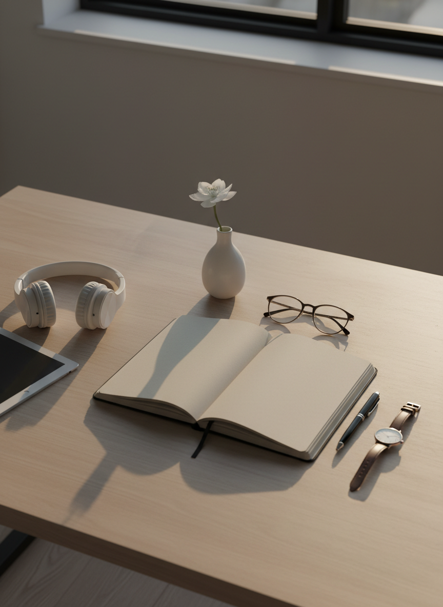 Uma mesa de trabalho organizada de psicologia clínica, fotografada de cima, com um caderno de capa neutra aberto, óculos de armação discreta apoiados ao lado, caneta elegante, relógio pequeno e um vaso simples com flor branca. Um tablet e fones de ouvido repousam próximos, sugerindo atendimento online, mas sem mostrar pessoas. A mesa é de madeira clara, próxima a uma janela por onde entra luz de fim de tarde levemente dourada, criando brilho suave e sombras brandas. Fundo limpo e minimalista, estilo fotográfico realista, enfatizando ética, concentração e cuidado profissional. Cores sóbrias e serenas, com foco nítido em todos os objetos, compondo um ambiente organizado e confiável.