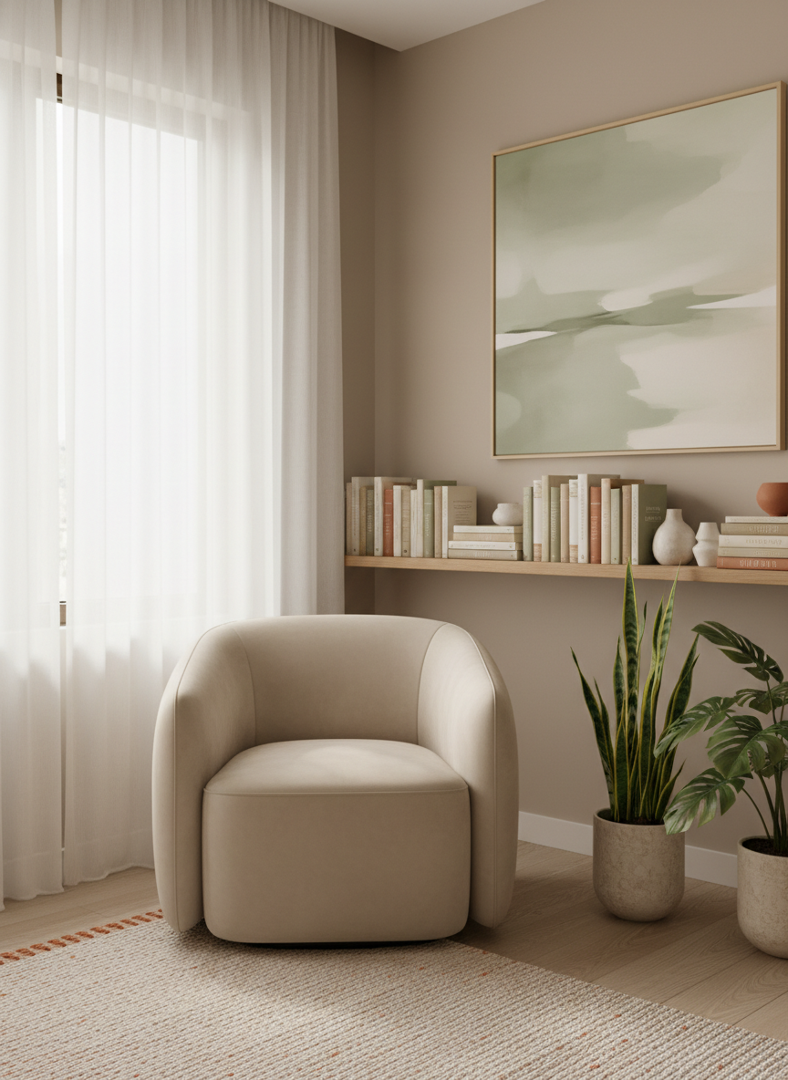 Consultório psicológico acolhedor com poltrona em bege e luz natural suave